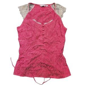 Vintage Next Blouse Women's Small Pink Lace Cap Sleeve Fairy Y2K Brocade Lace Up